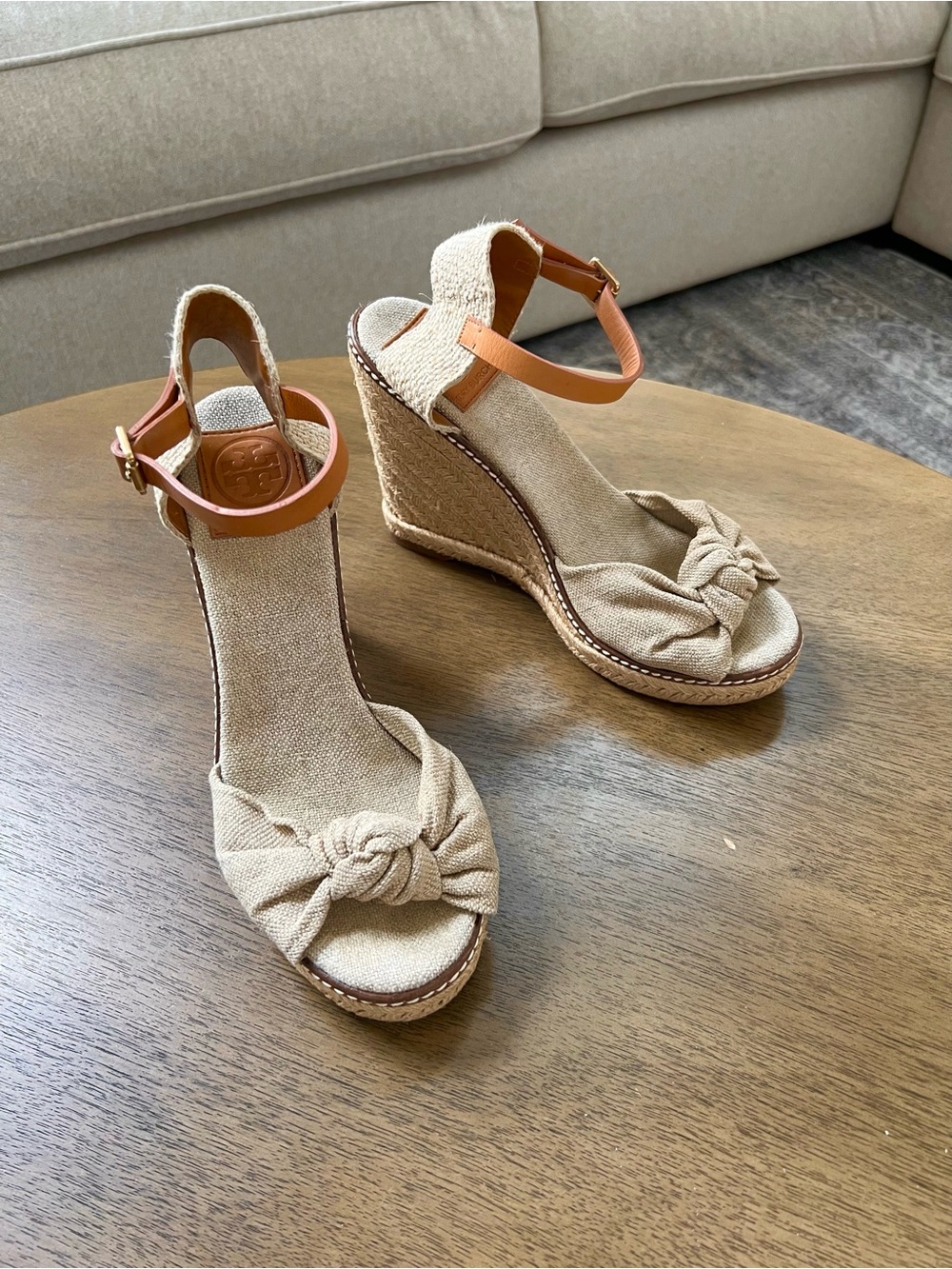 Tory Burch Beige Knotted Espadrille Wedge Sandals with Tan Ankle Strap